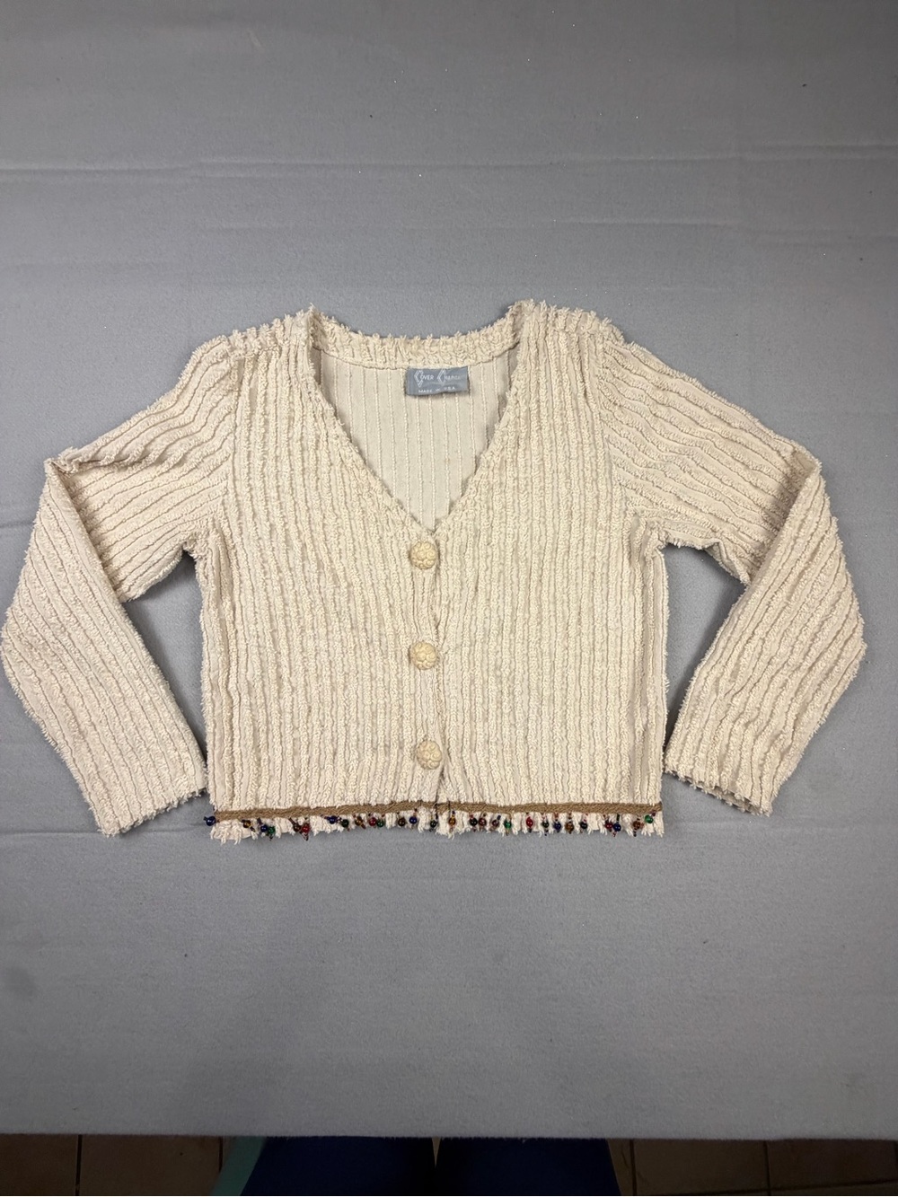 Cover Charge Textured Cream Button-Front Cardigan with Fringe Trim Made in USA